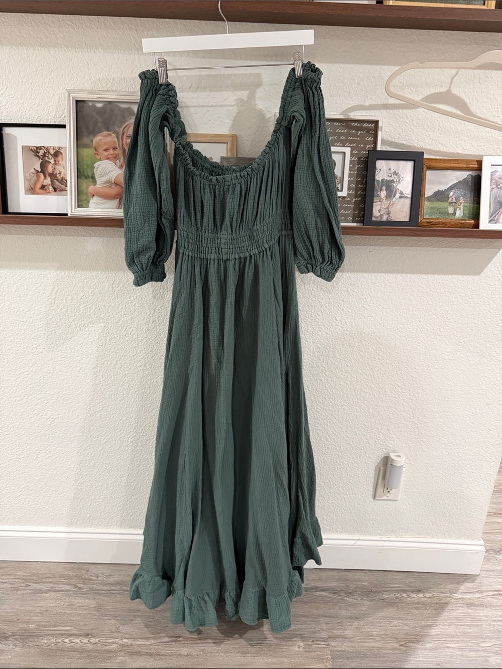 Smocked Square Neck Maxi Dress in Dark Green